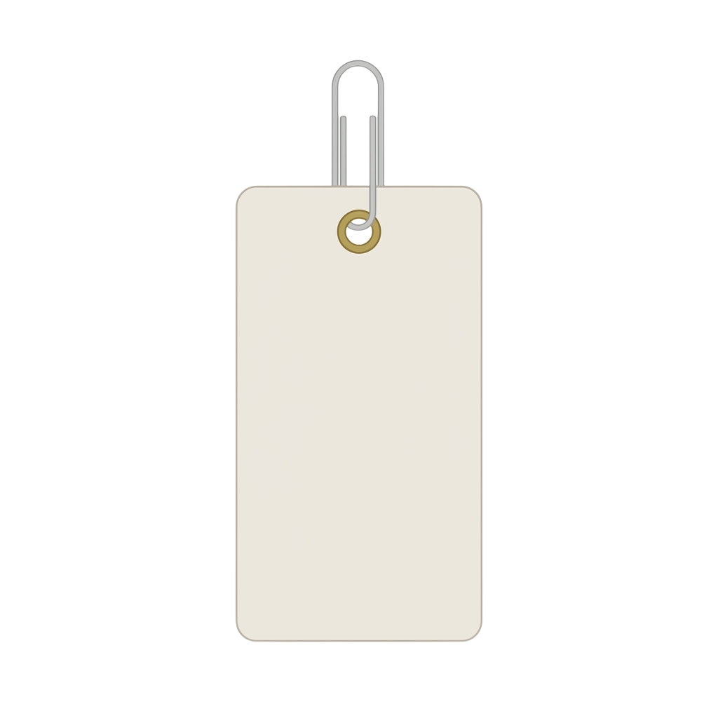A white rectangular tag hanging from a silver metal loop and eyelet.