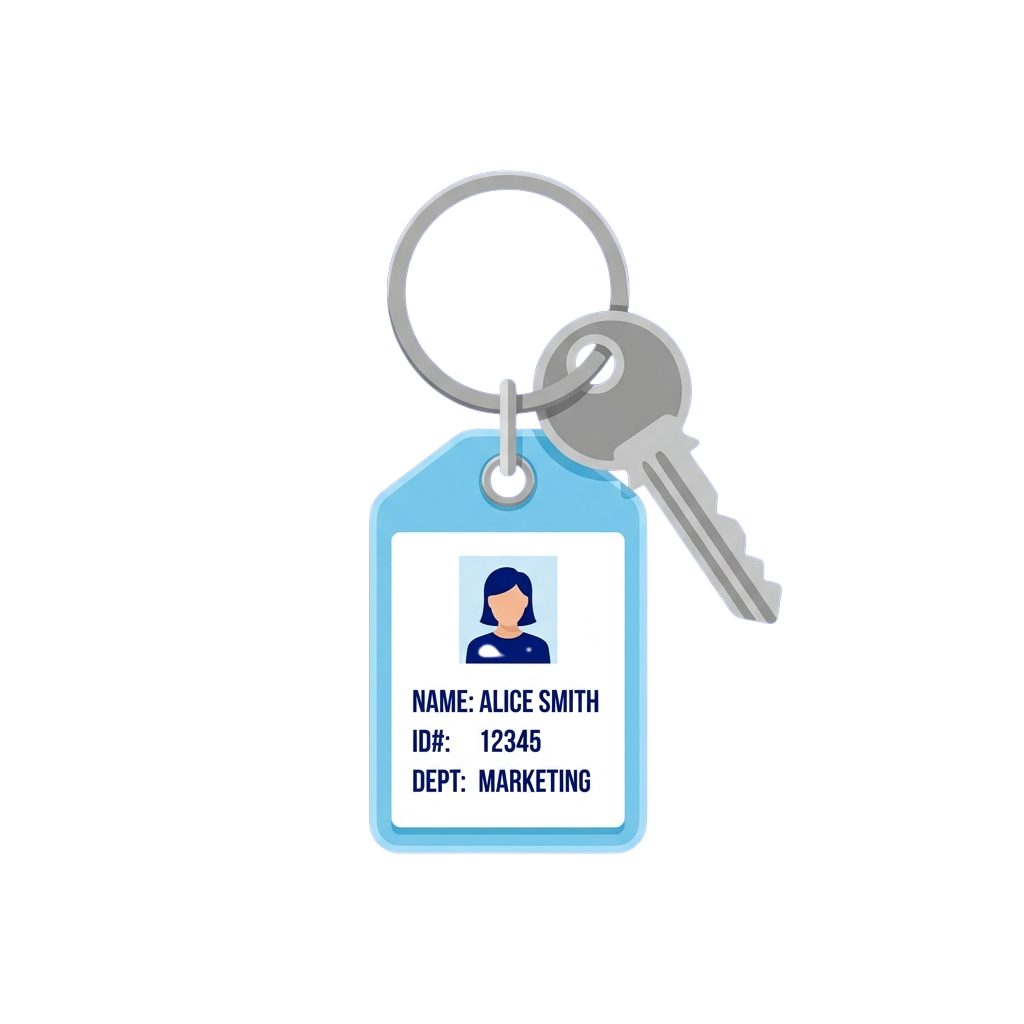 Keychain with an employee ID card showing a person, name Alice Smith, ID number 12345, and department Marketing