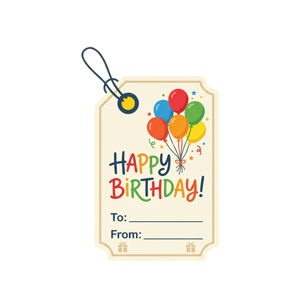 Colorful birthday tag with balloons and Happy Birthday text, space for recipient and sender names