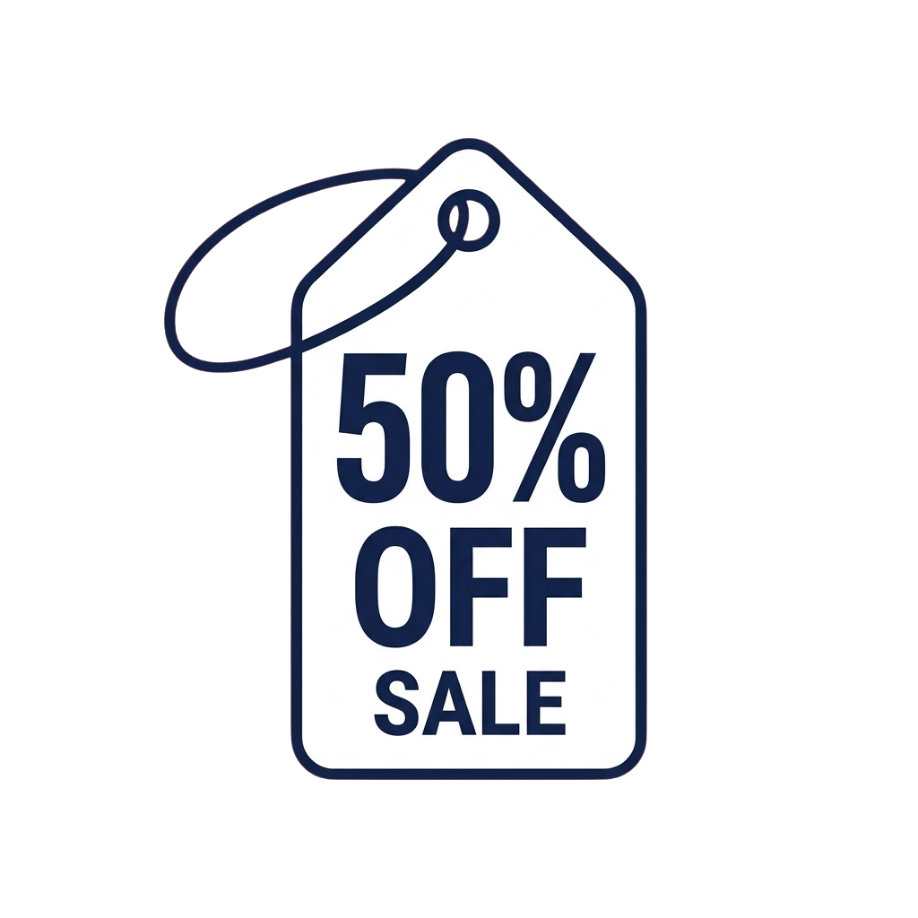 White sale tag with blue text reading 50 percent off sale and a blue loop at the top