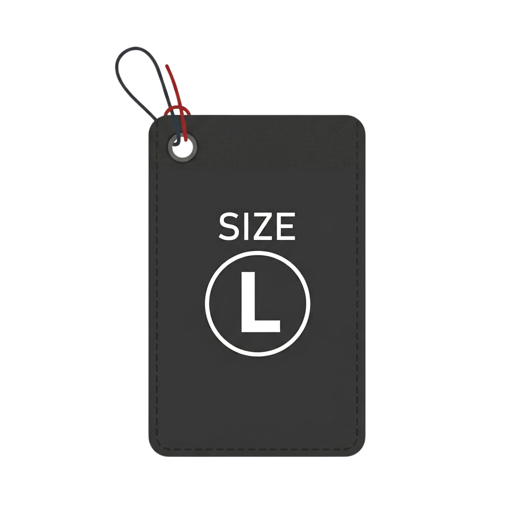 Black fabric size tag with white text reading SIZE and a large letter L inside a circle