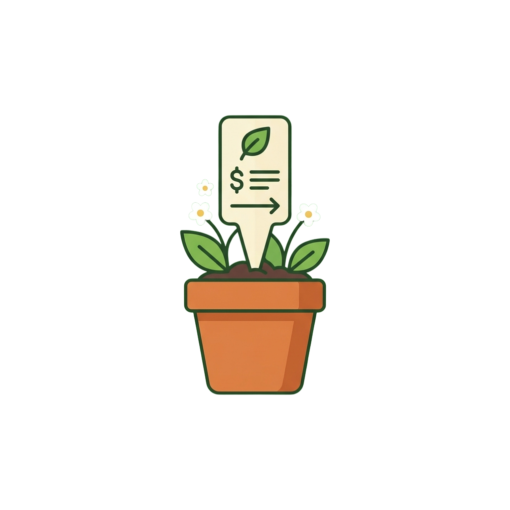 A potted plant with flowers and leaves, featuring a document icon showing a dollar sign and growth arrow.