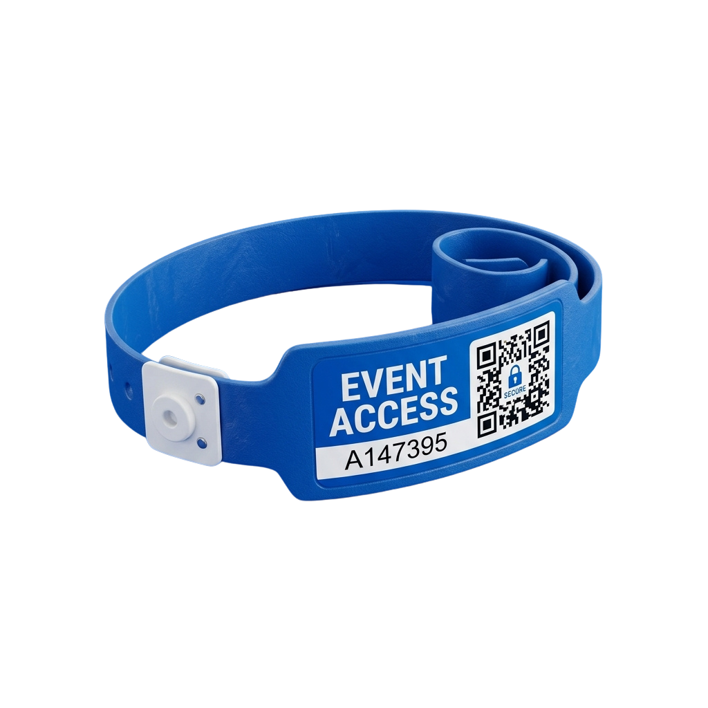Blue event access wristband displaying text and a QR code for scanning