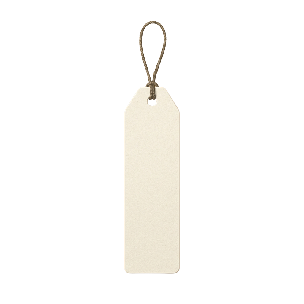A blank white rectangular tag with a loop made of twine at the top