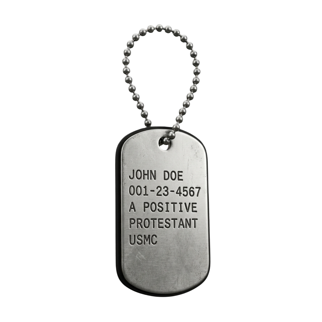 Metal dog tag keychain with name, ID number, and religious affiliation text