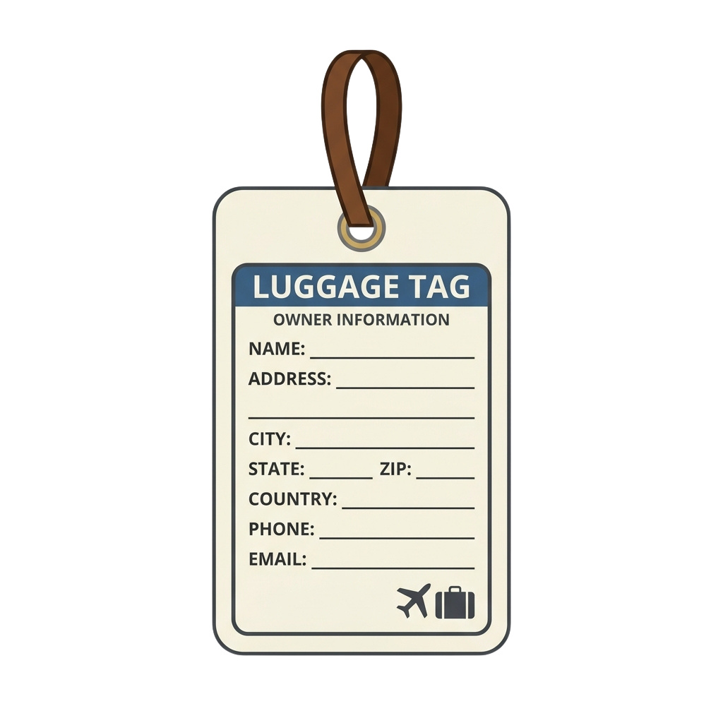 Blank luggage tag with fields for owner information and a brown string loop