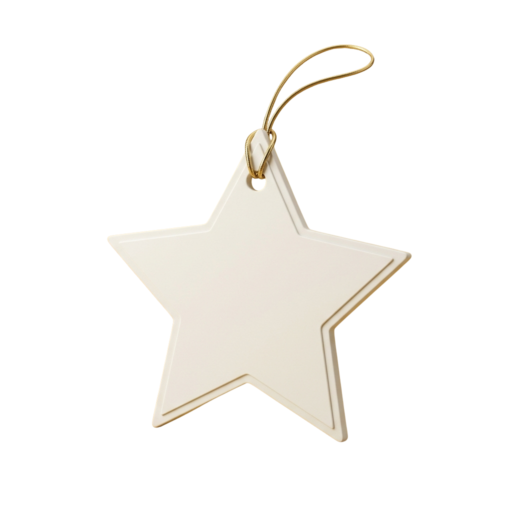 A white star-shaped ornament hanging from a gold-colored loop against a black background