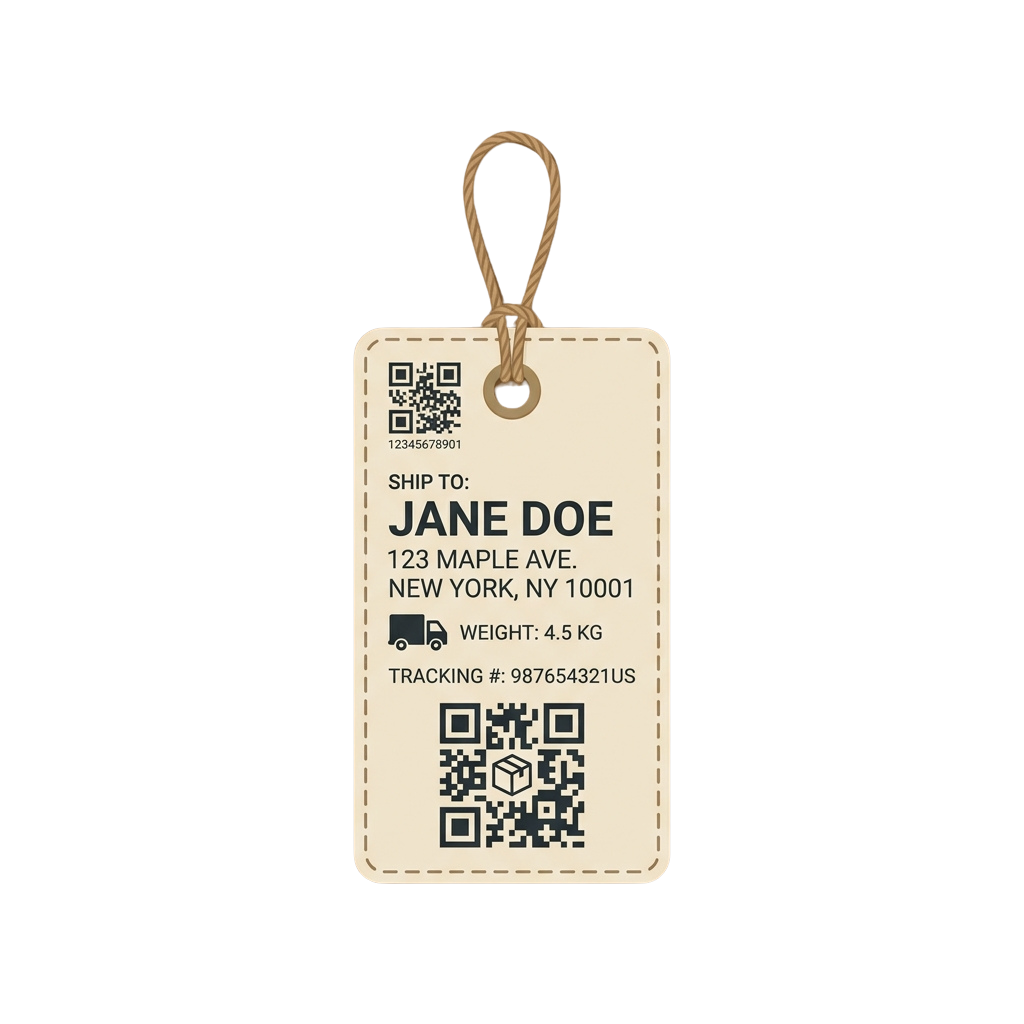 Shipping label showing recipient name, address, weight, tracking number, and two QR codes.