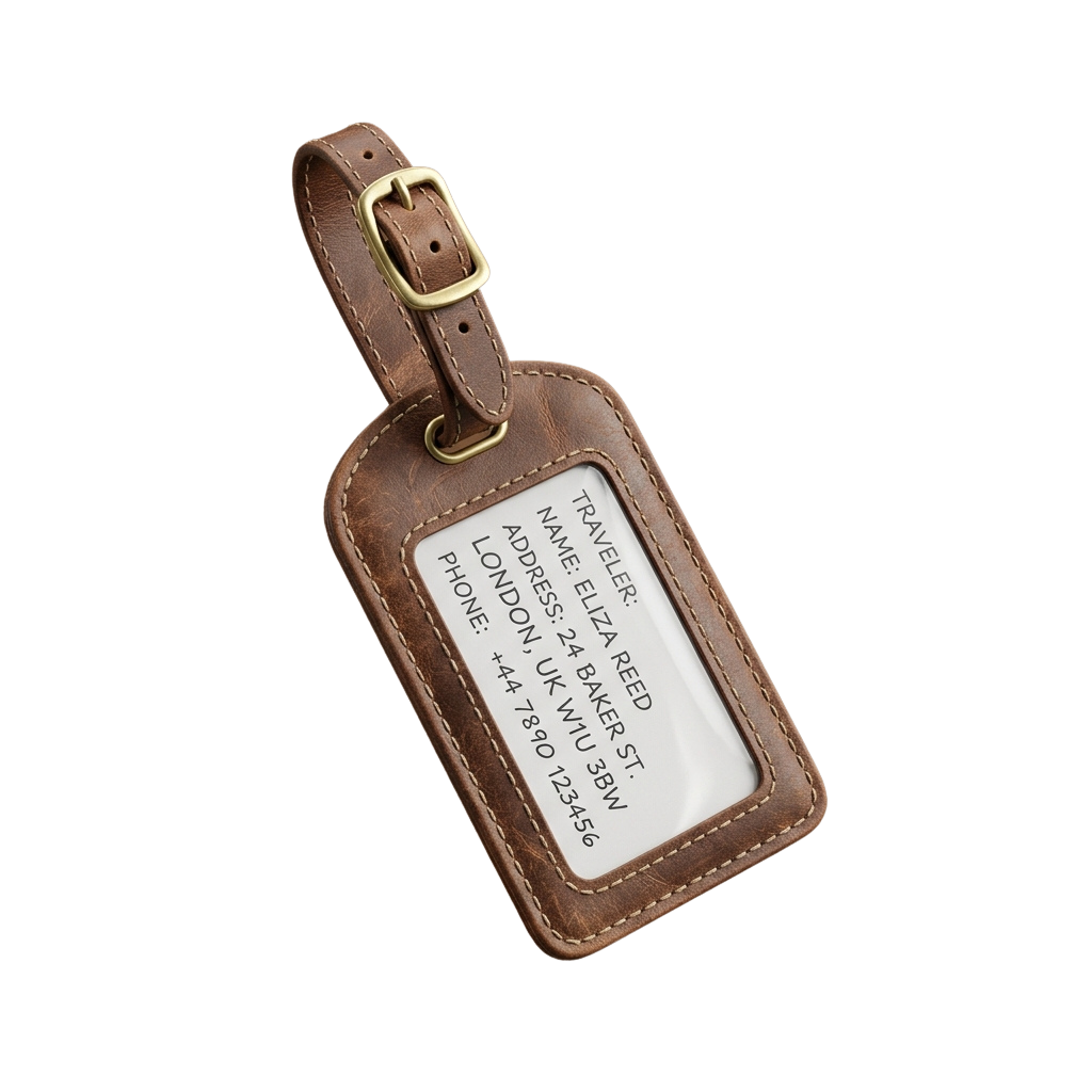Brown leather luggage tag featuring a clear insert with printed contact details and a buckle closure