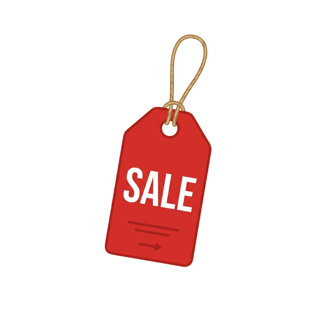 A red sale tag with white text reading SALE and attached with a string loop