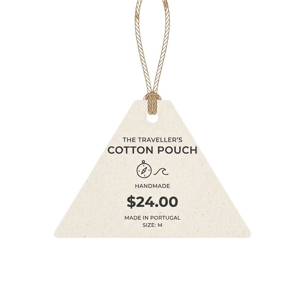 Triangular tag displaying a handmade cotton travel pouch priced at 24 dollars, made in Portugal, size M