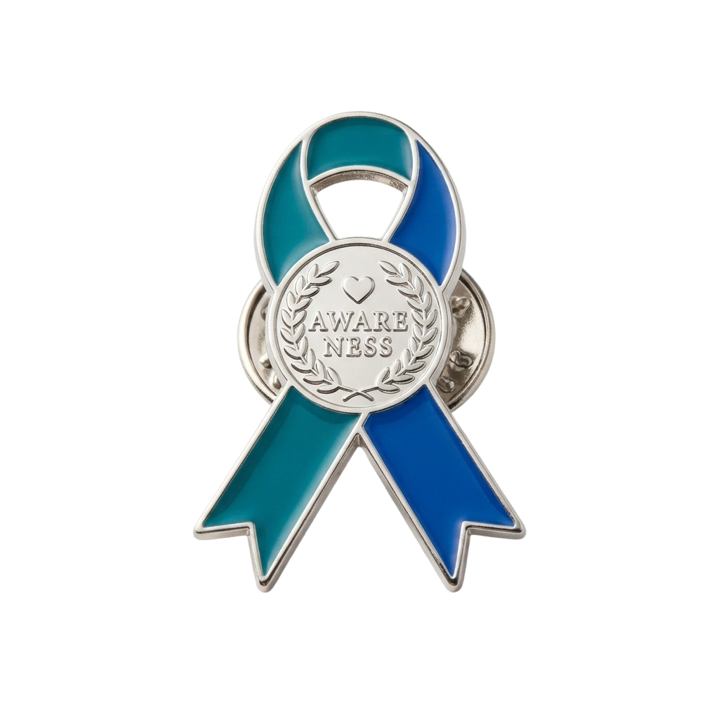 Metal awareness pin featuring a blue and teal ribbon with a circular emblem that reads Awareness and has a heart symbol