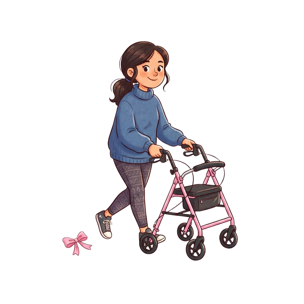 A smiling child in a blue sweater and patterned pants using a pink walker aid.