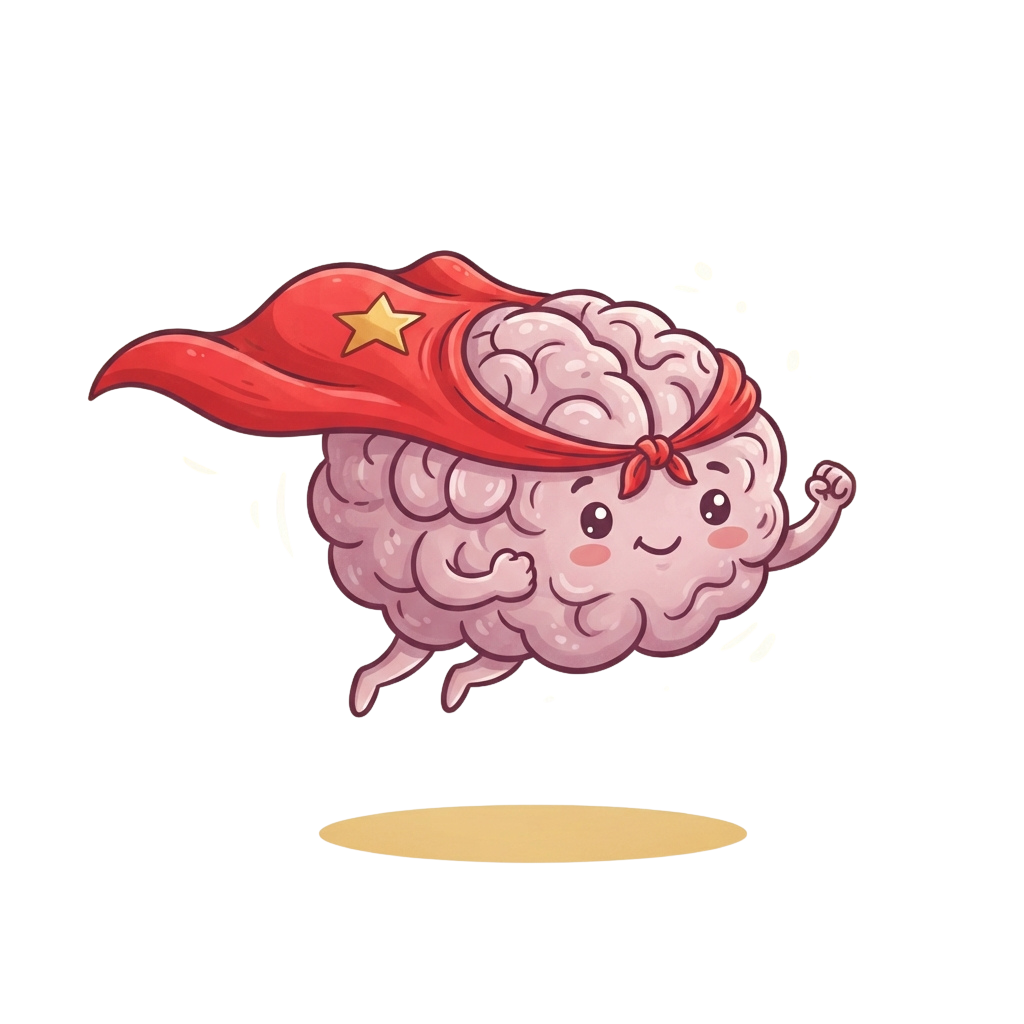 A smiling cartoon brain wearing a red cape with a star and a red bow, standing on a small yellow circle.