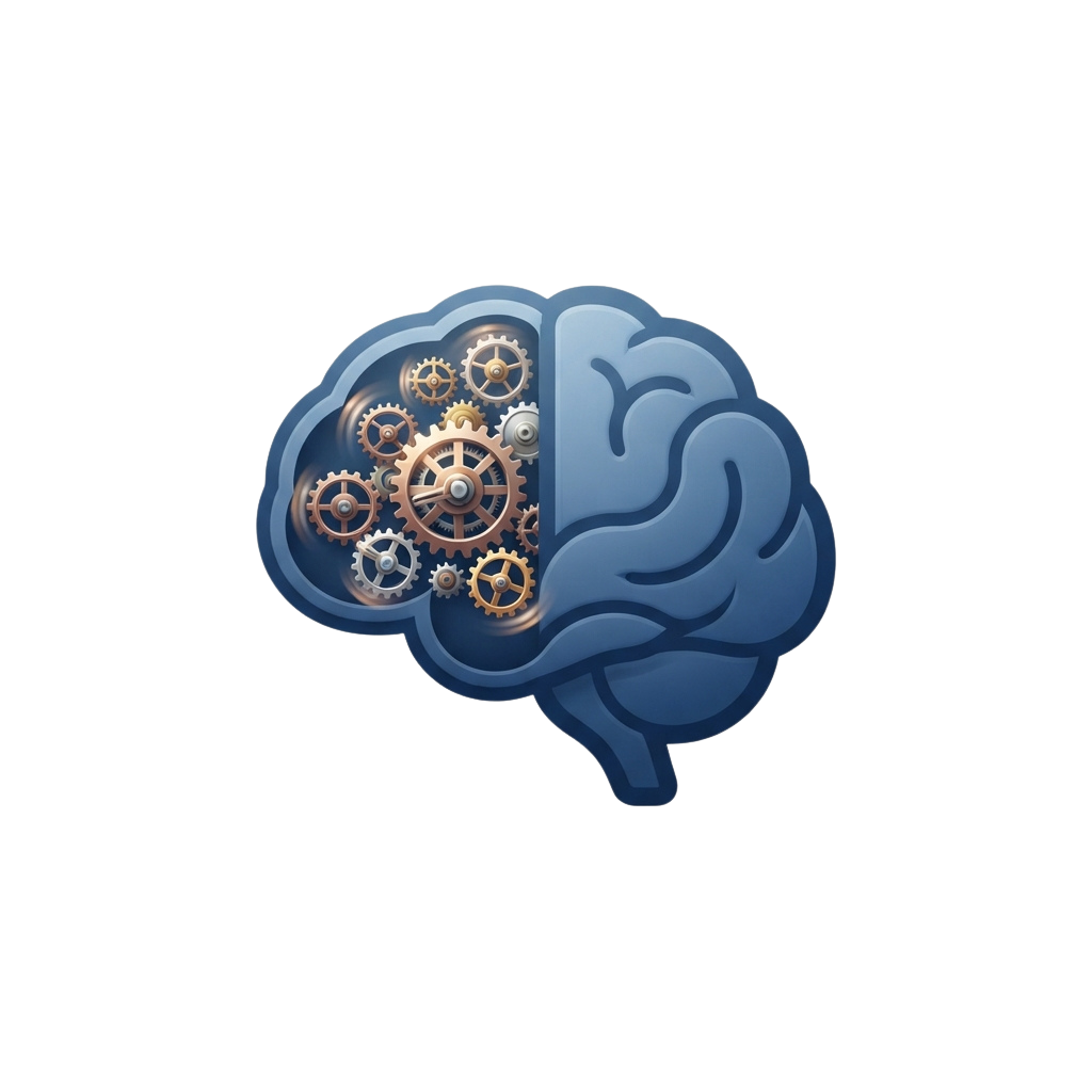 A brain half illustrated with mechanical gears representing technology and cognition.