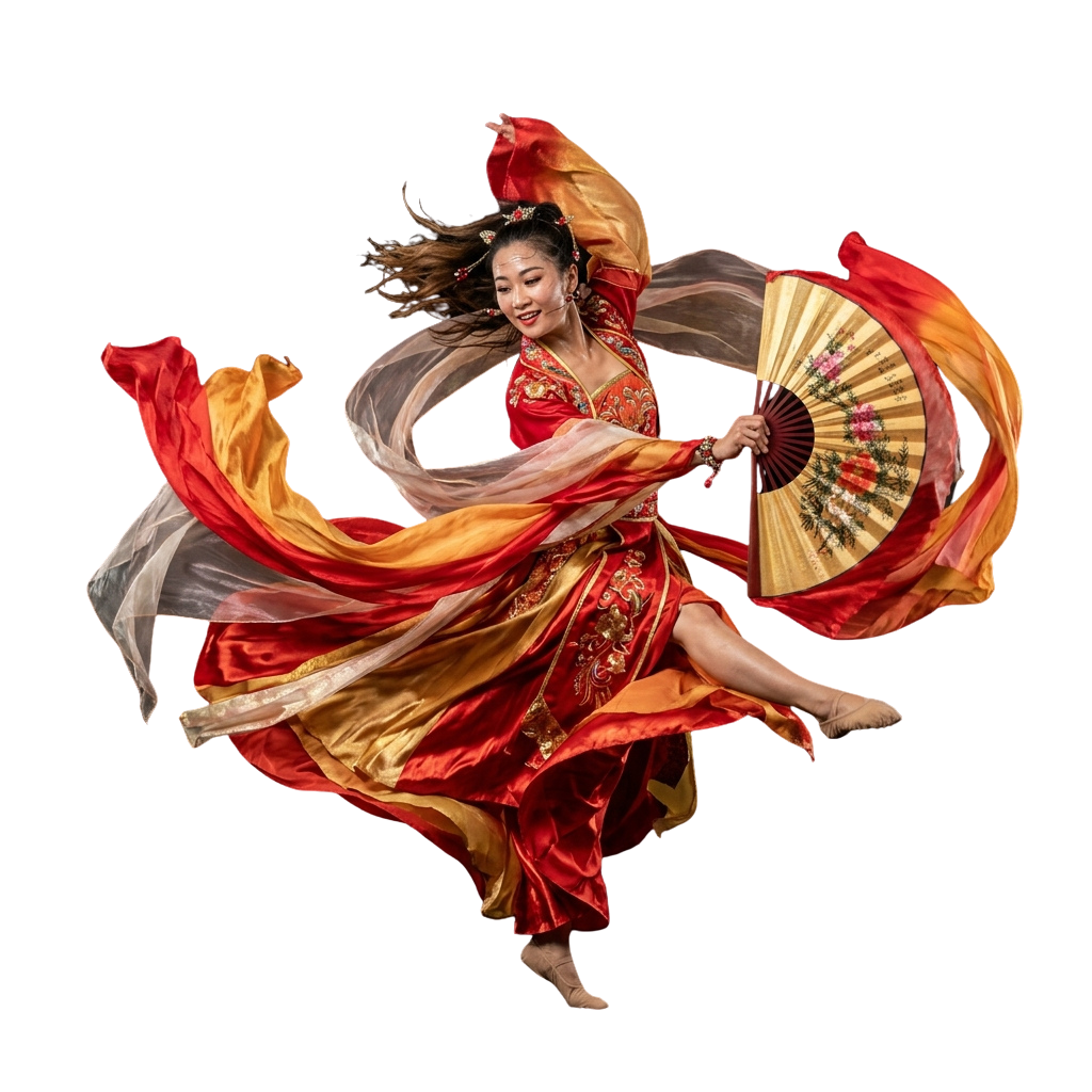 Dancer in vibrant red costume mid-jump, holding a decorative fan and flowing scarves in dynamic motion