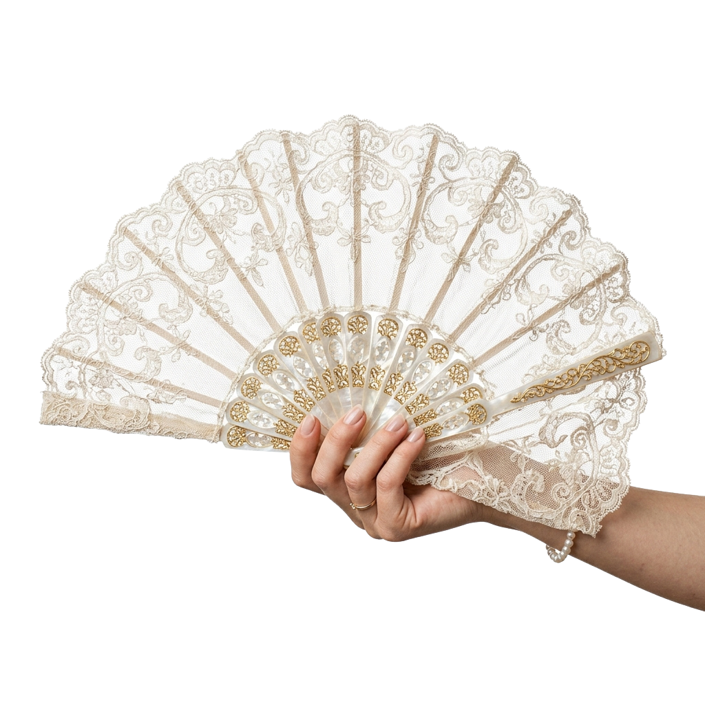 A hand holding an open, intricately designed ivory lace fan with gold detailing.