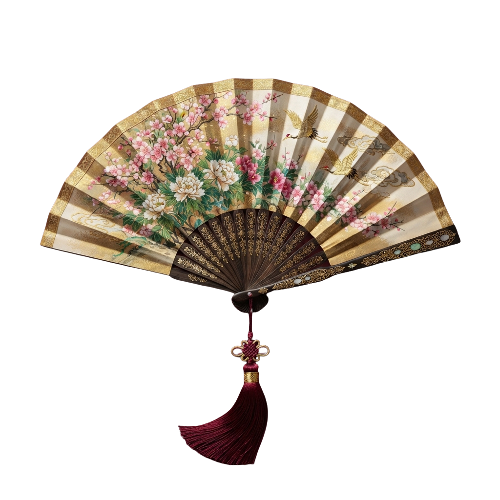 Decorative Asian fan featuring floral artwork and a maroon tassel hanging from the handle