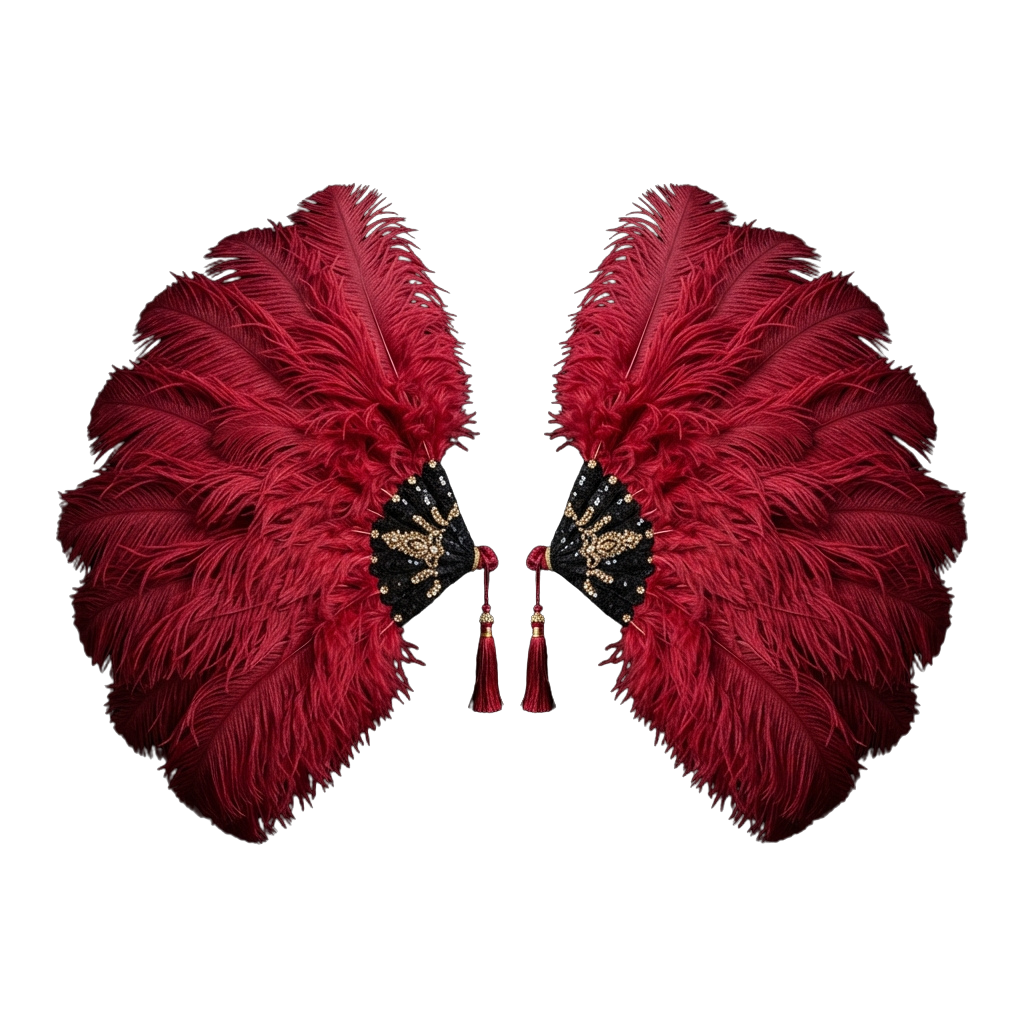 Two red feathered fans with ornate gold designs and tassels displayed side by side