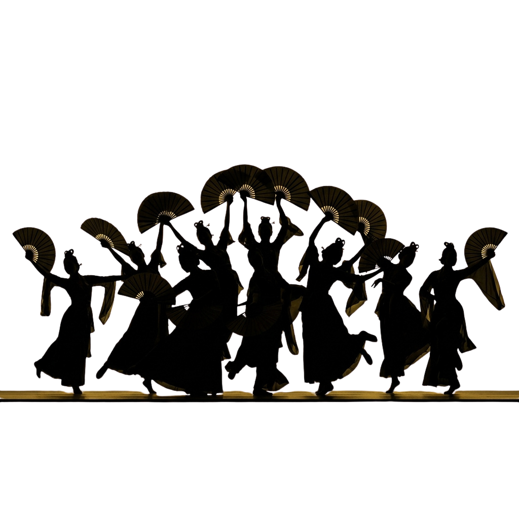 Group of performers holding illuminated umbrellas on a dark stage