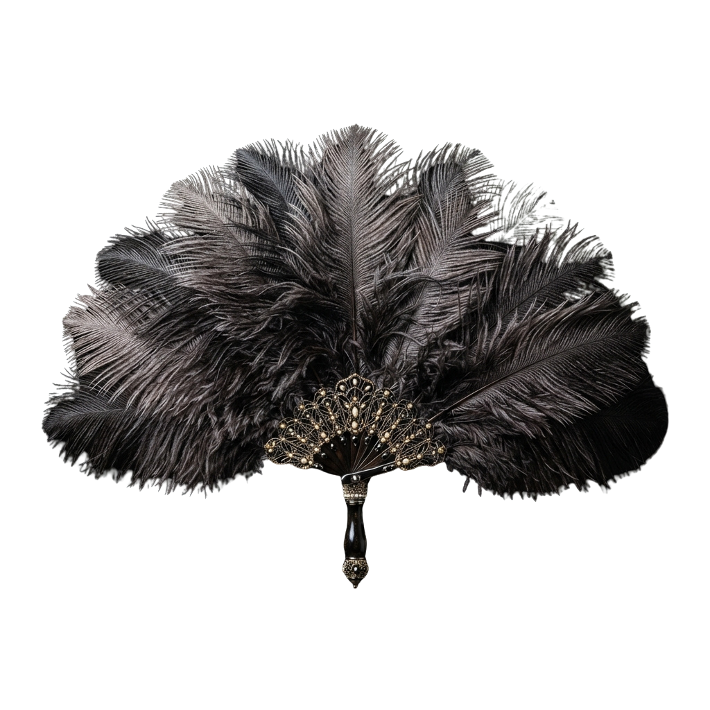 Black ostrich feather fan with ornate gold embellished handle on dark background