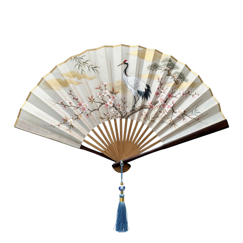 A decorative Japanese fan featuring a painted crane and cherry blossoms on a light background with a blue tassel handle