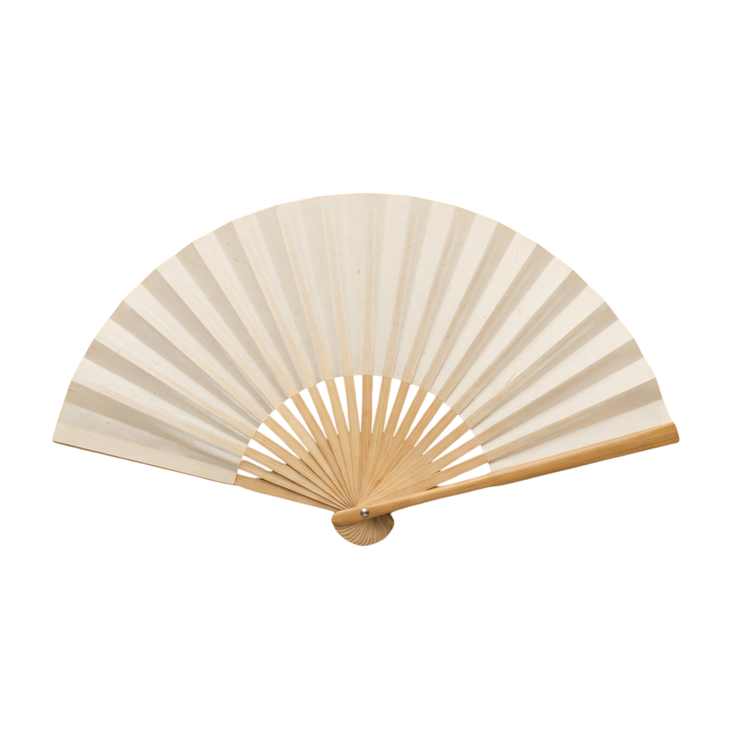 An open ivory-colored paper hand fan with black stripes on the spokes and a wooden handle