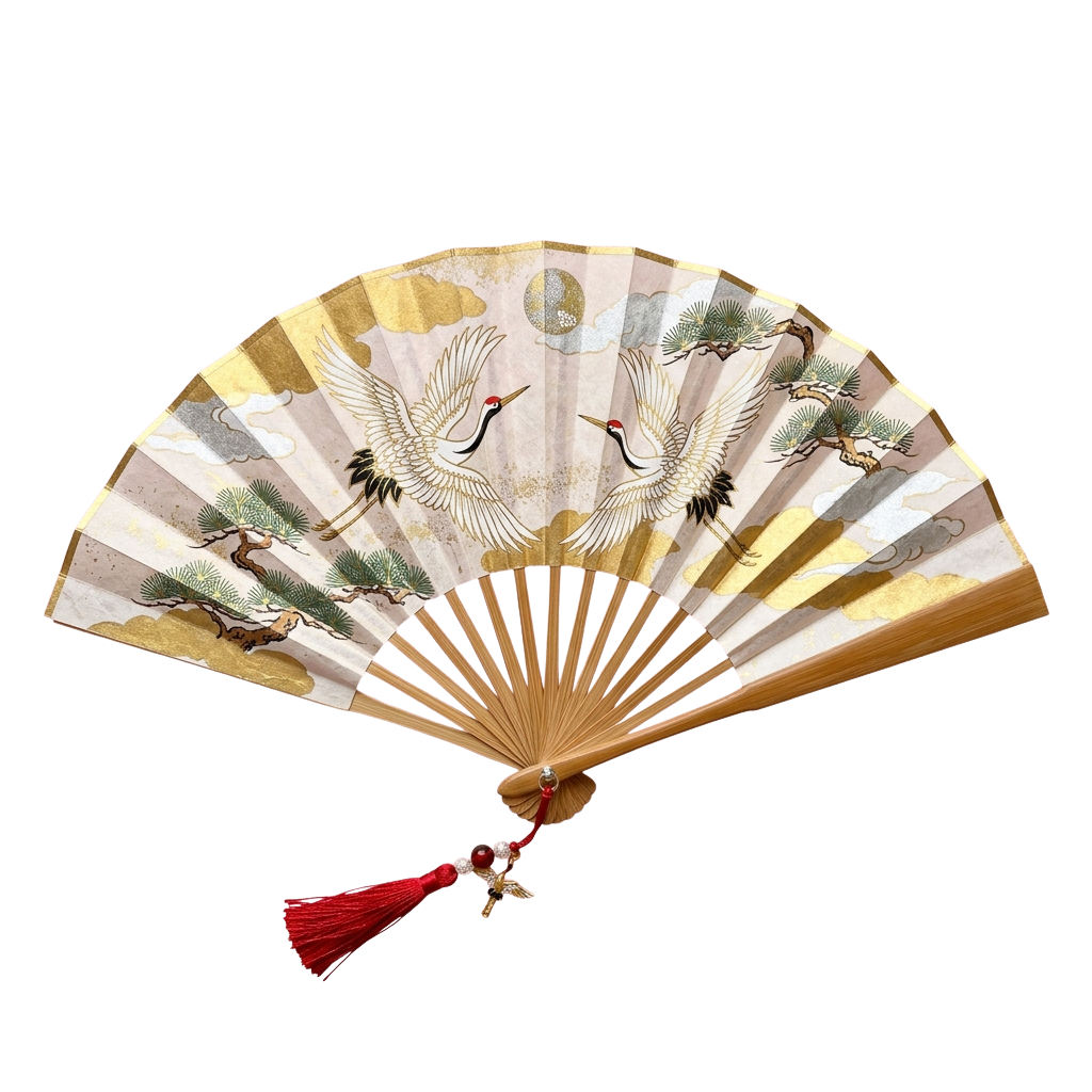 Decorative paper fan featuring two cranes, pine branches, and gold accents on a cream background