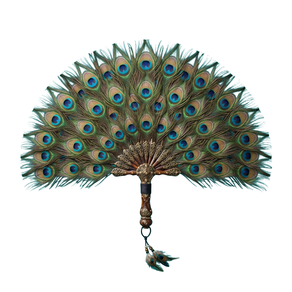 A decorative hand fan made from peacock feathers with an ornate handle featuring intricate designs.