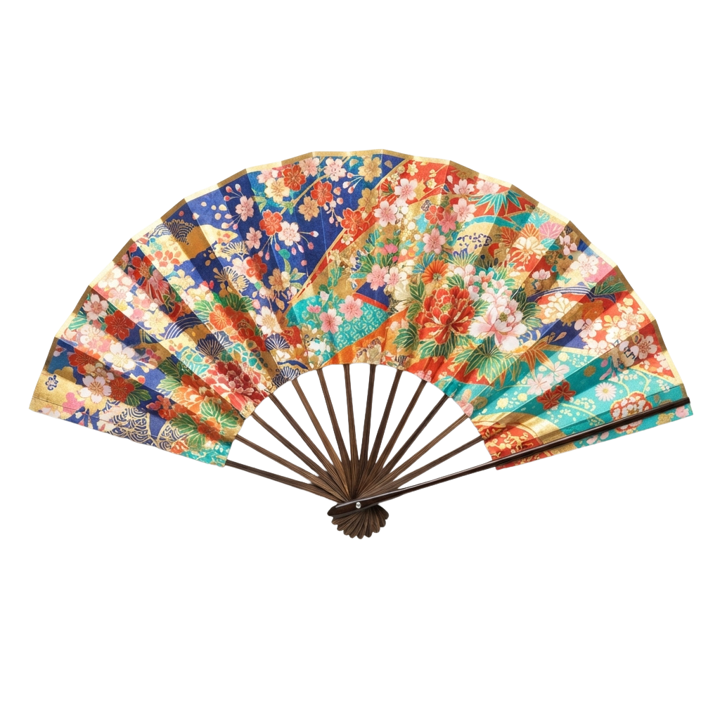 A decorative paper fan featuring colorful floral and botanical patterns on a light background with wooden sticks