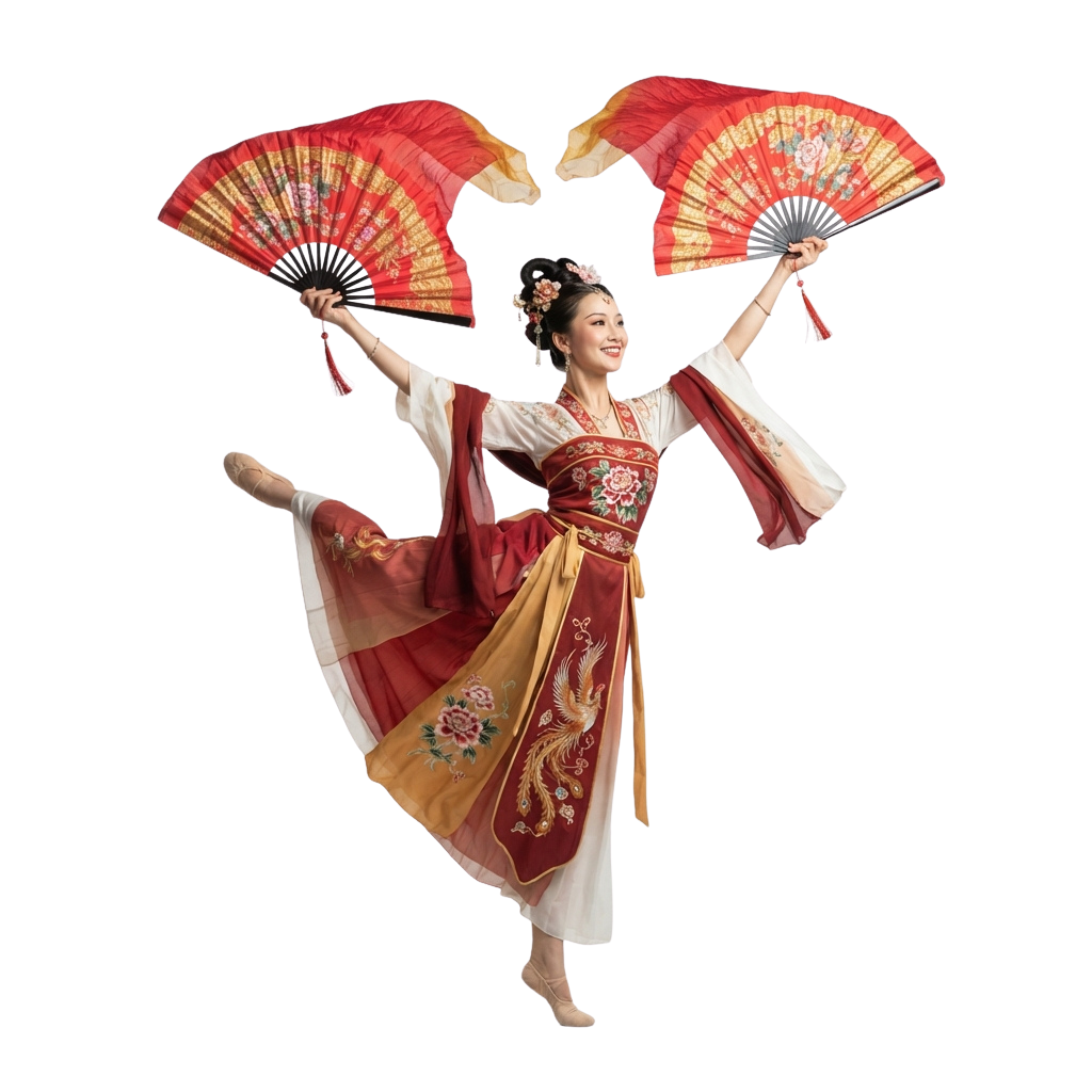 Person in traditional Asian dance attire holding two red fans, mid-jump against black background
