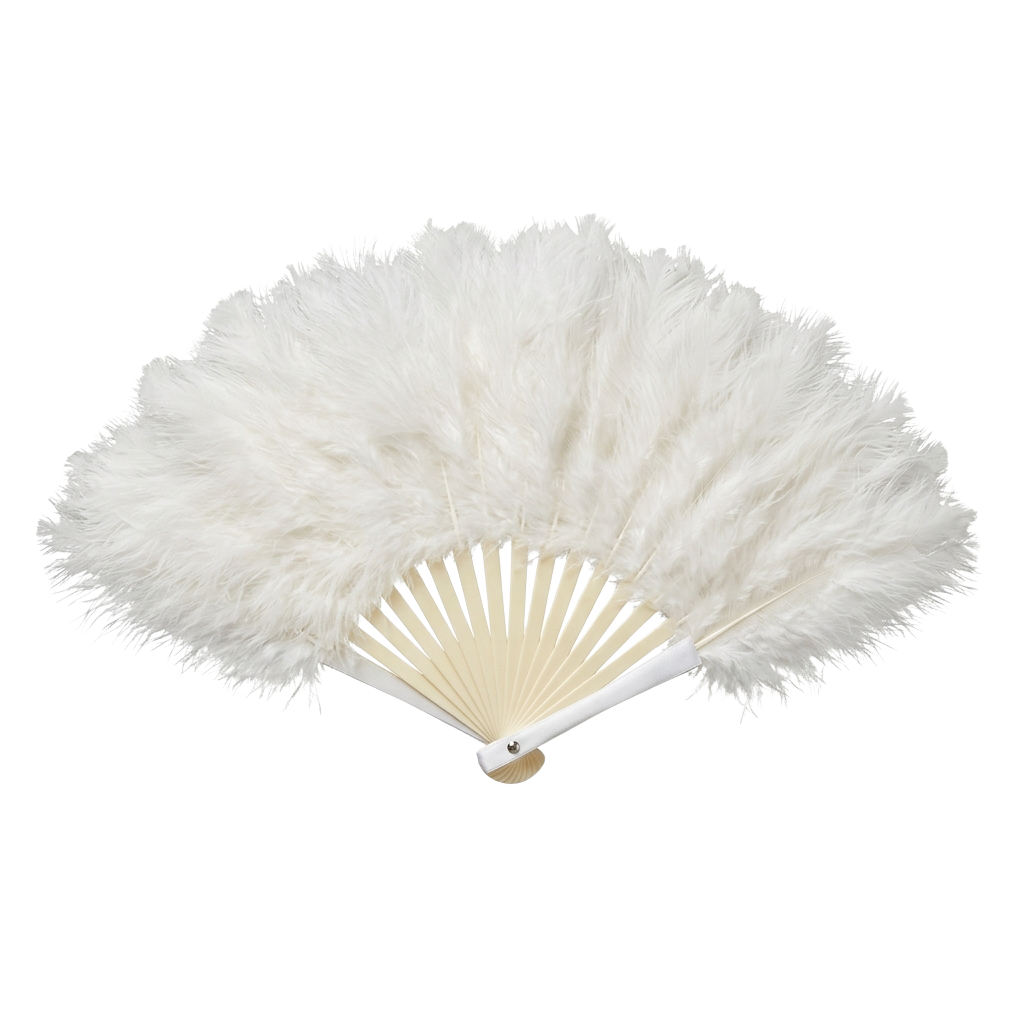 A white feather hand fan with a cream-colored handle and bone spokes