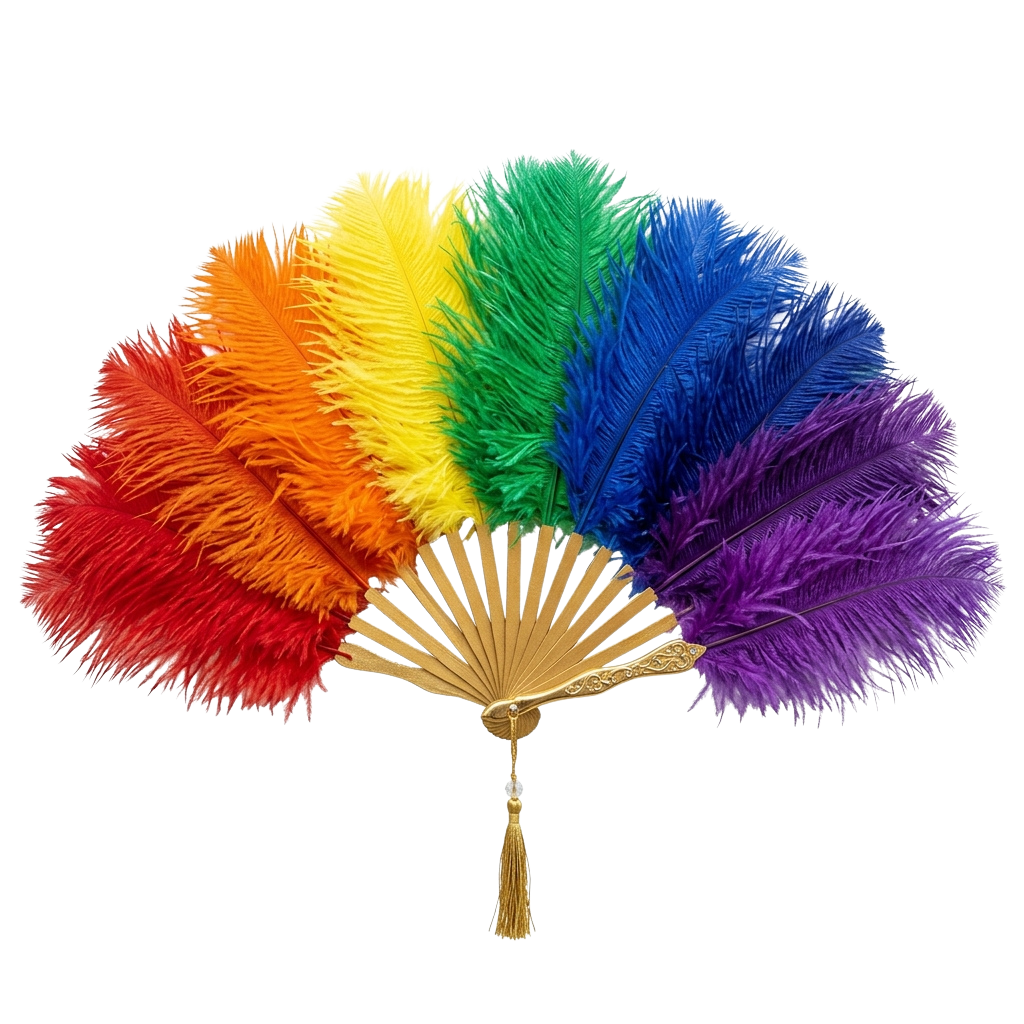 A hand fan with feathers in rainbow colors including red, orange, yellow, green, blue, and purple.