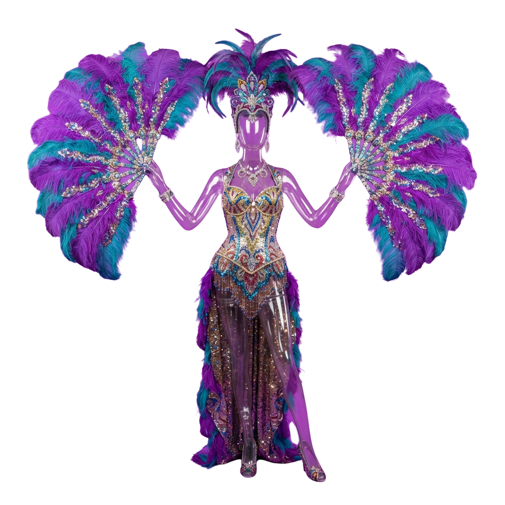 Person wearing a vibrant purple and blue feathered carnival costume with intricate beading and a large decorative headdress.