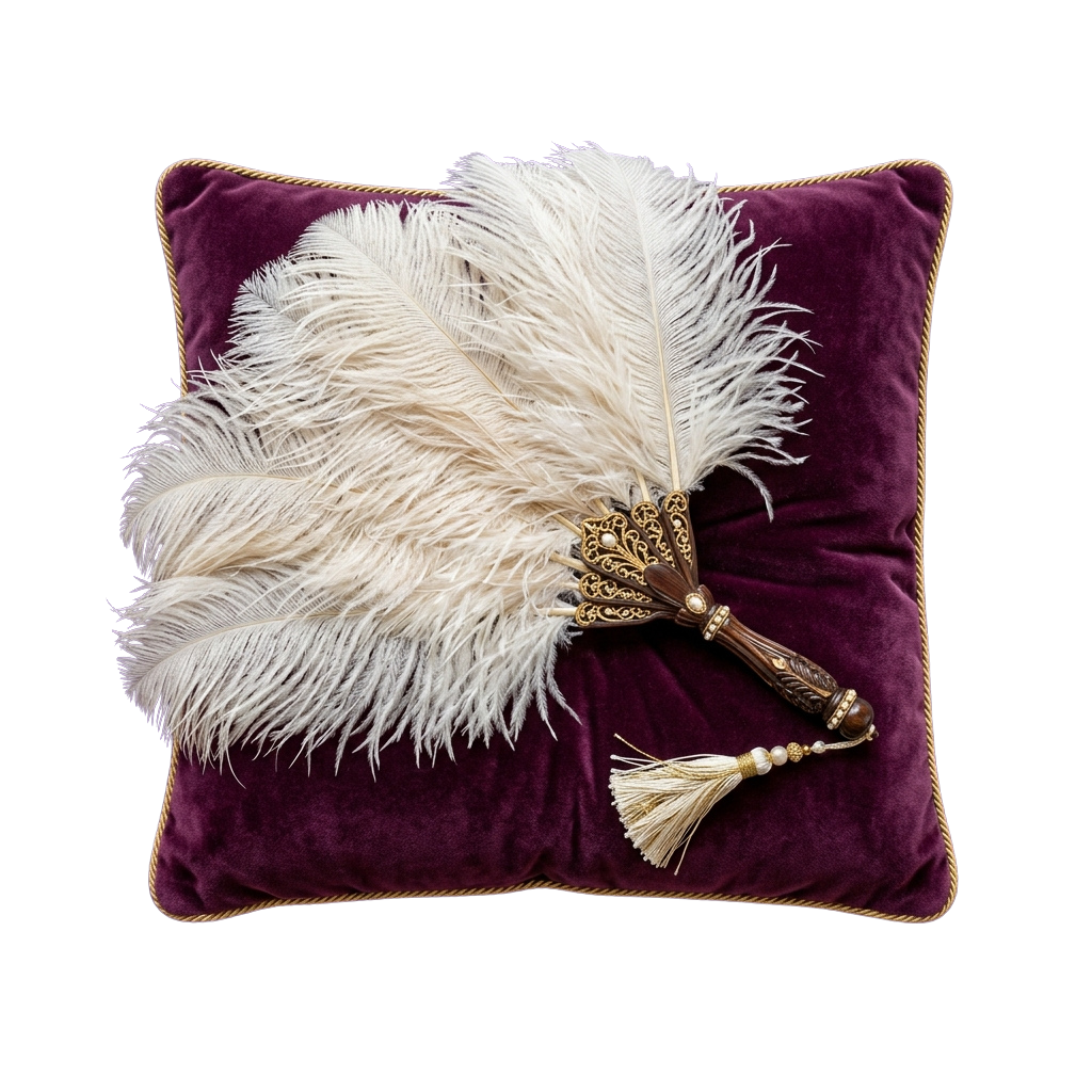 A decorative white feather hand fan resting on a burgundy velvet cushion with gold trim