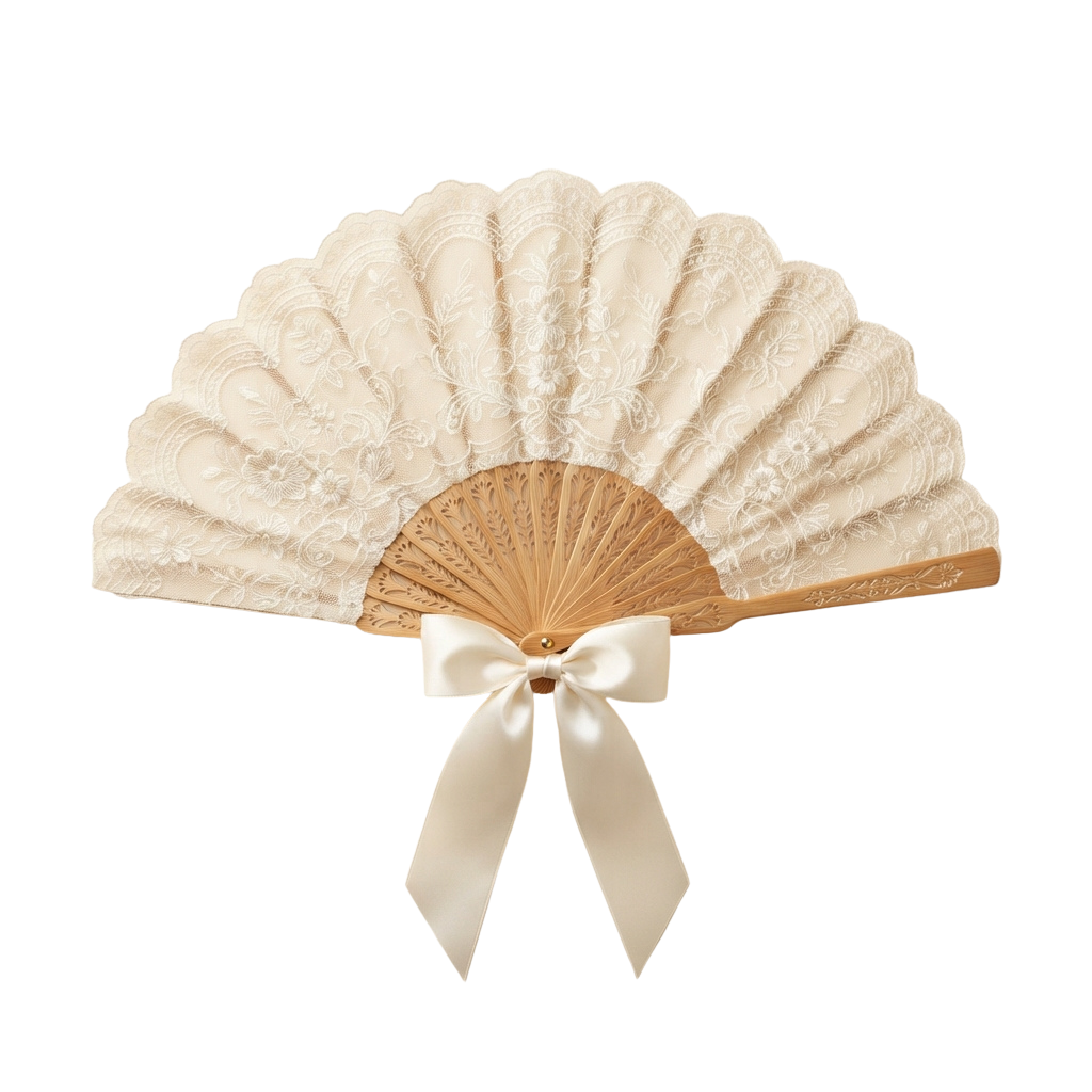 An ivory lace handheld fan with a wooden stick and a light beige silk bow attached to the handle