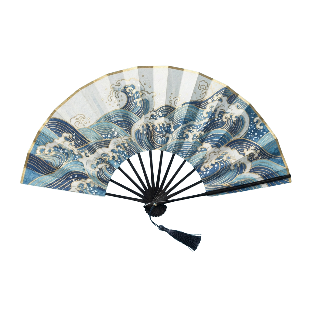 Decorative hand fan with blue and white wave and cloud patterns on a black background