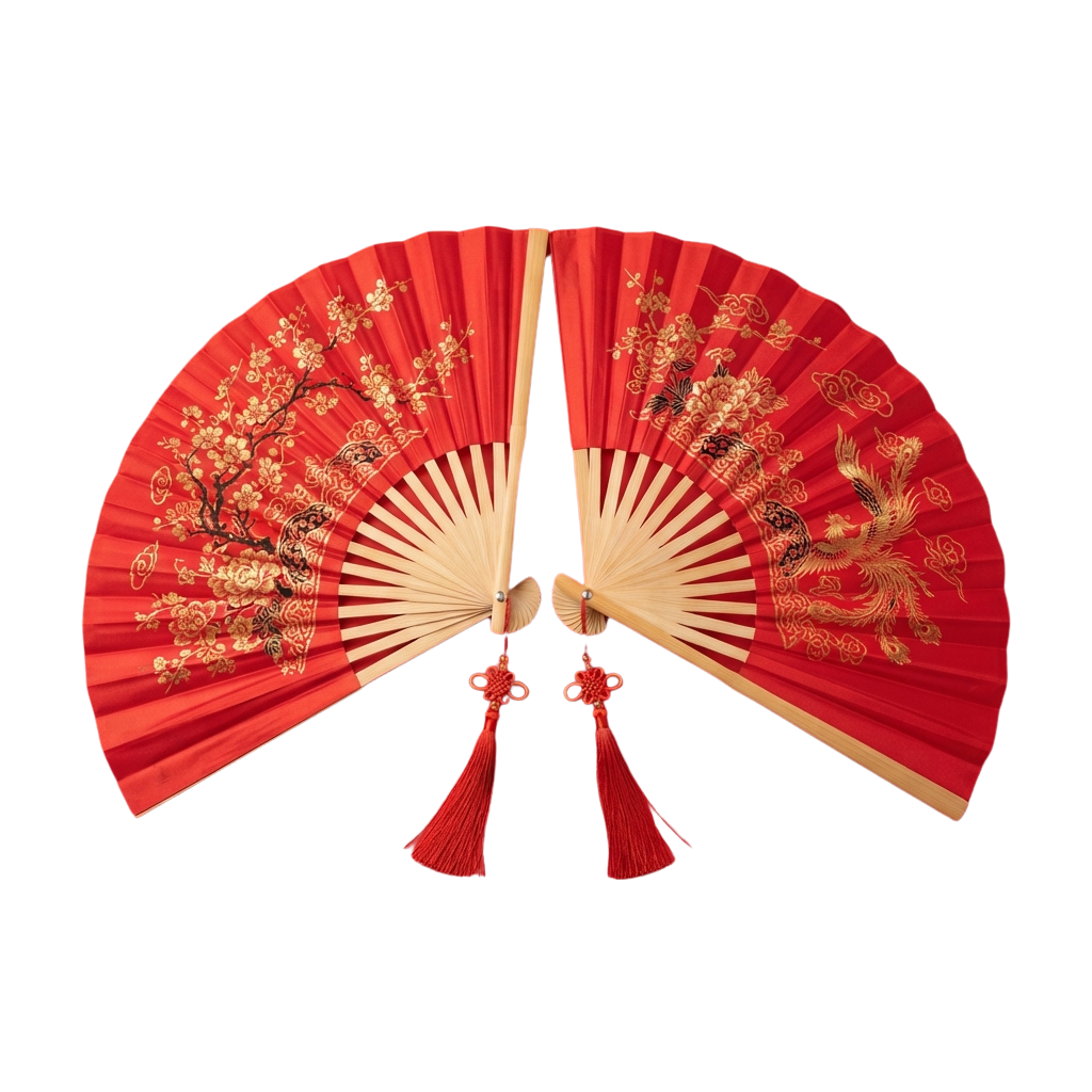 Red decorative fan with gold floral and phoenix embroidery, attached tassels, and wooden sticks