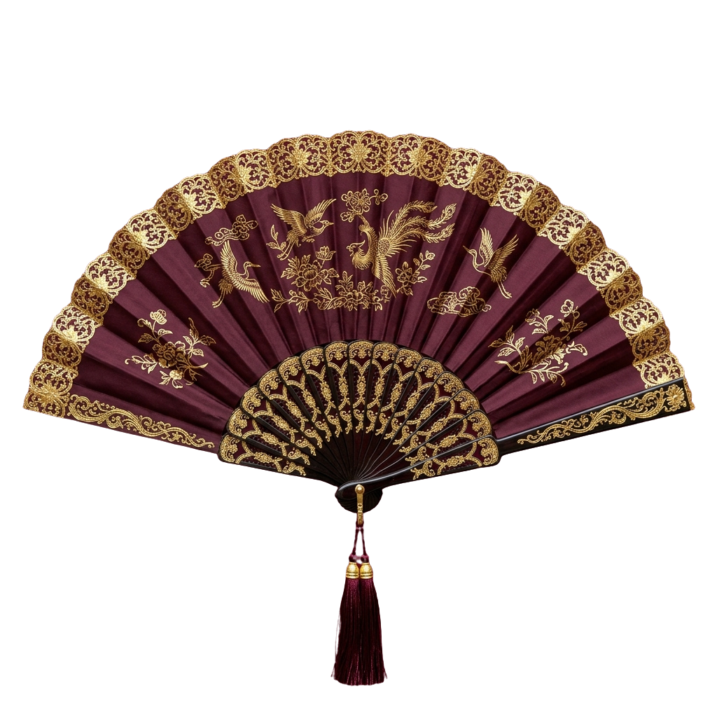 Decorative maroon fan with intricate gold embroidery featuring phoenix and floral designs, framed with lace-like gold trim