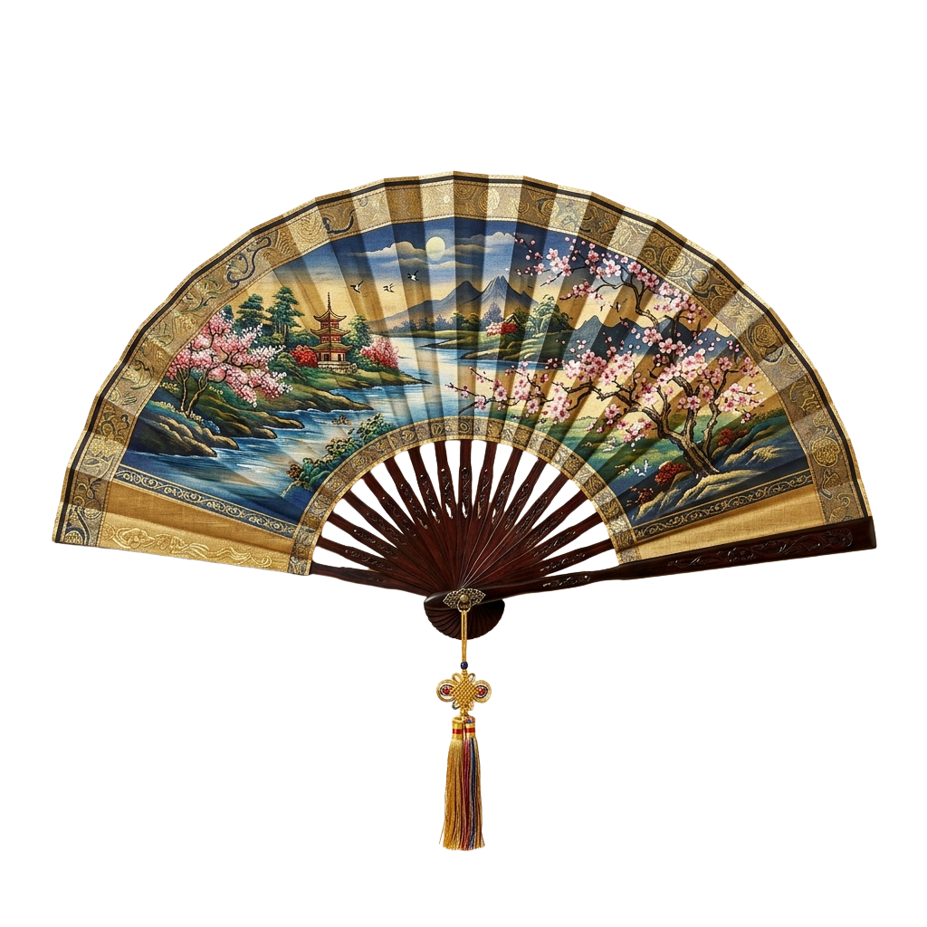 Decorative Japanese fan featuring cherry blossoms, a scenic landscape, and a moonlit sky
