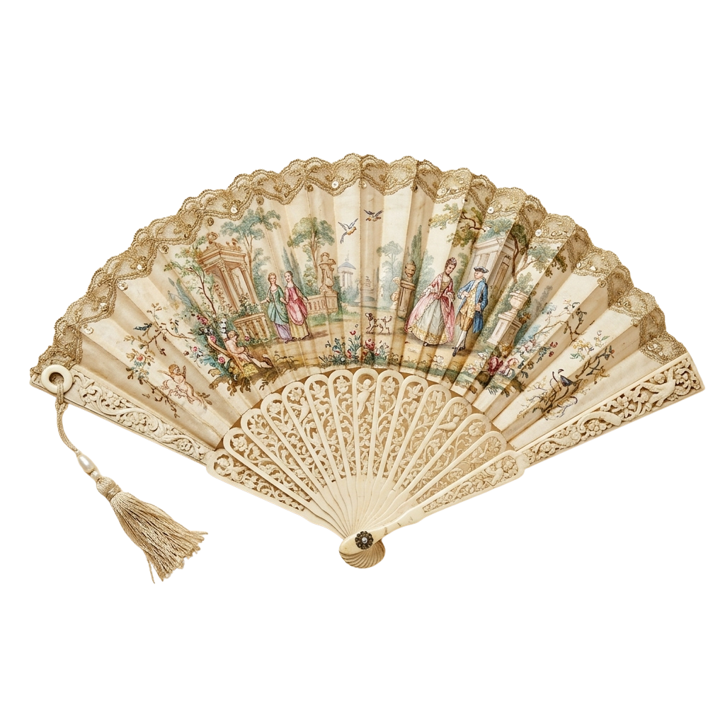 An antique ivory fan featuring hand-painted scenes of people and nature, with intricate lace-like carvings on the handle and edges.