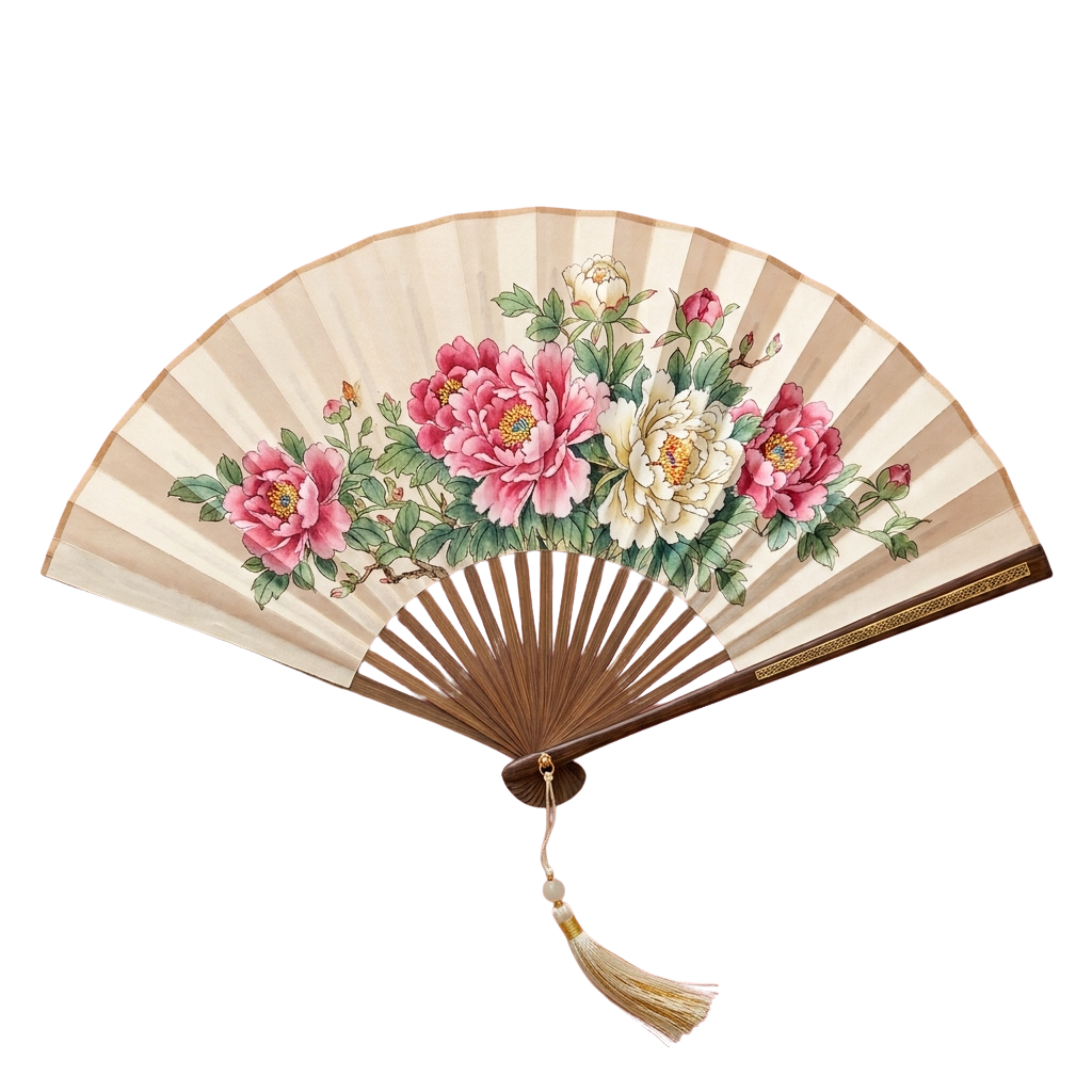 Decorative hand fan featuring pink peonies and green foliage on a light background with striped edges and a tassel handle