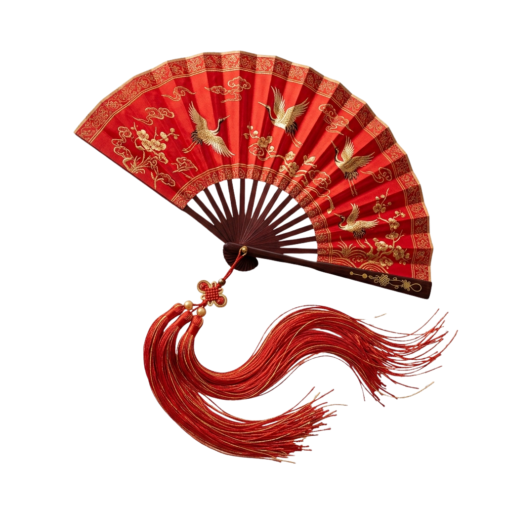 Decorative red fan featuring golden phoenix and floral embroidery, attached to a red tassel fringe.