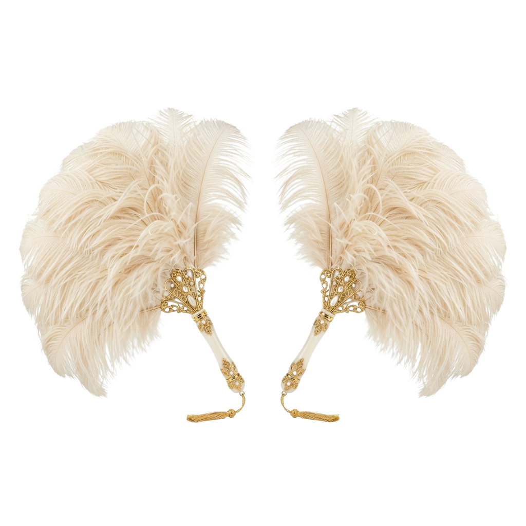 Two cream-colored feather hand fans with gold decorative handles displayed side by side