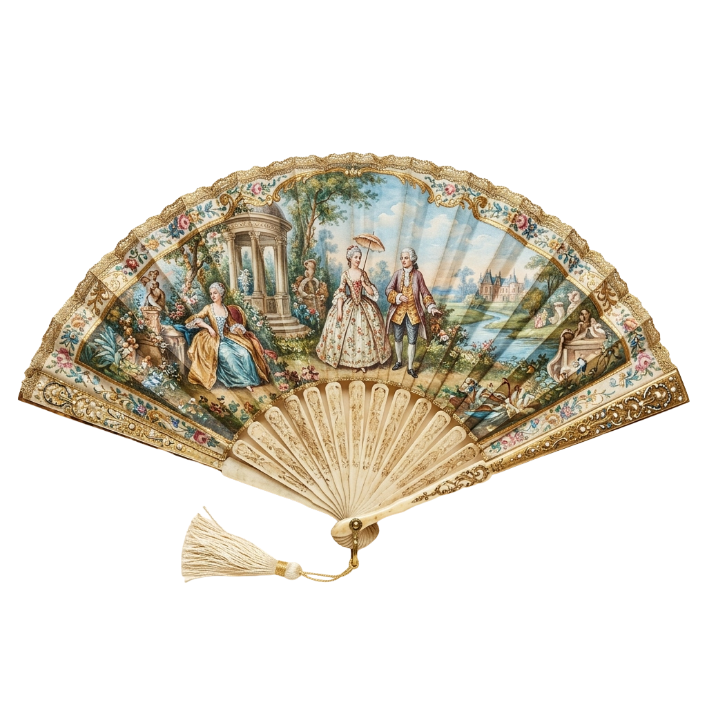 An ornate antique fan featuring a painted scene of three figures in historical attire set against a classical landscape with a temple and trees