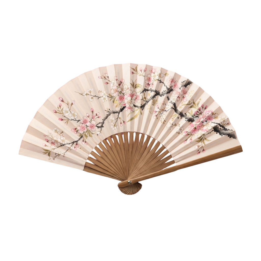 A decorative fan featuring cherry blossom branches on a light background with a wooden handle