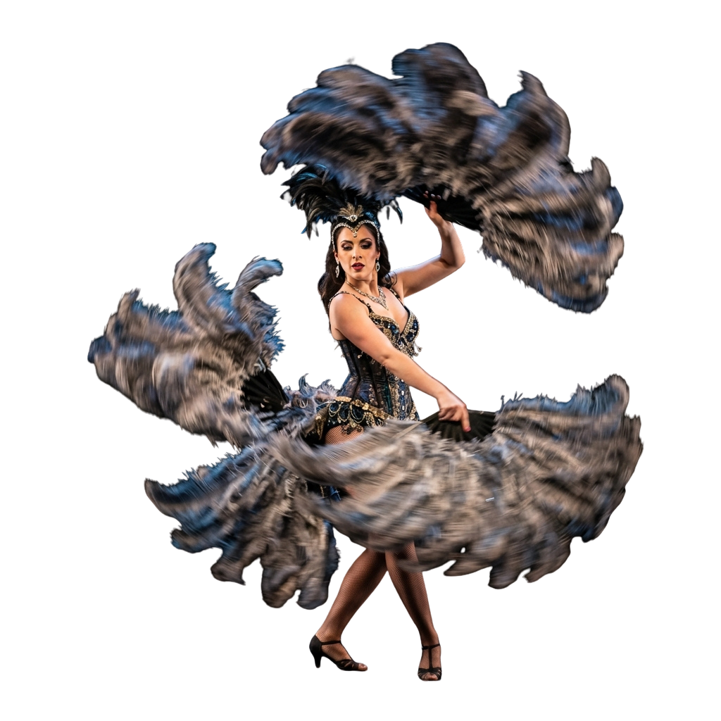A dancer in a flowing feathered costume performing a twirling movement against a dark background
