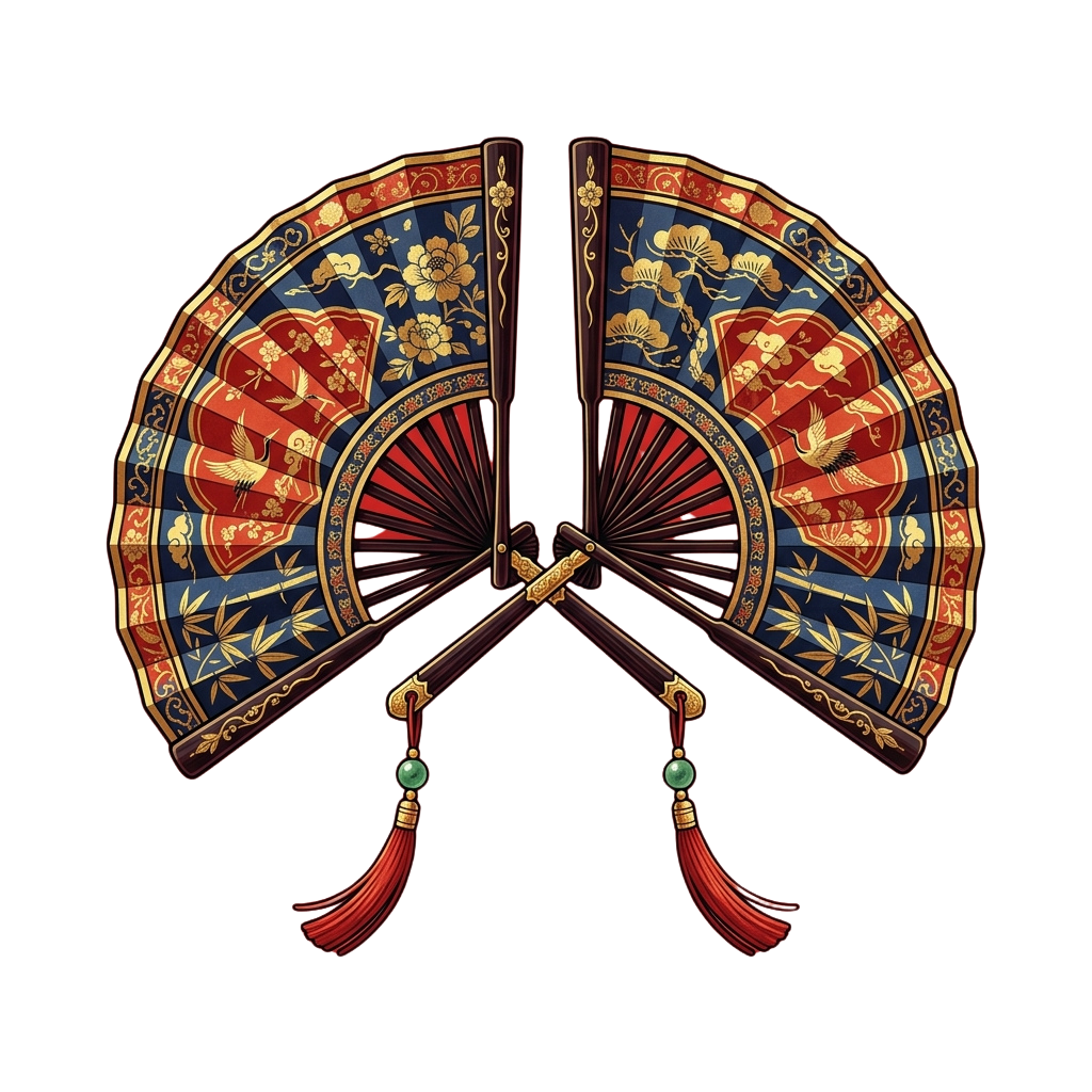 Open decorative fan with intricate floral and bird patterns in blue, red, and gold on black background