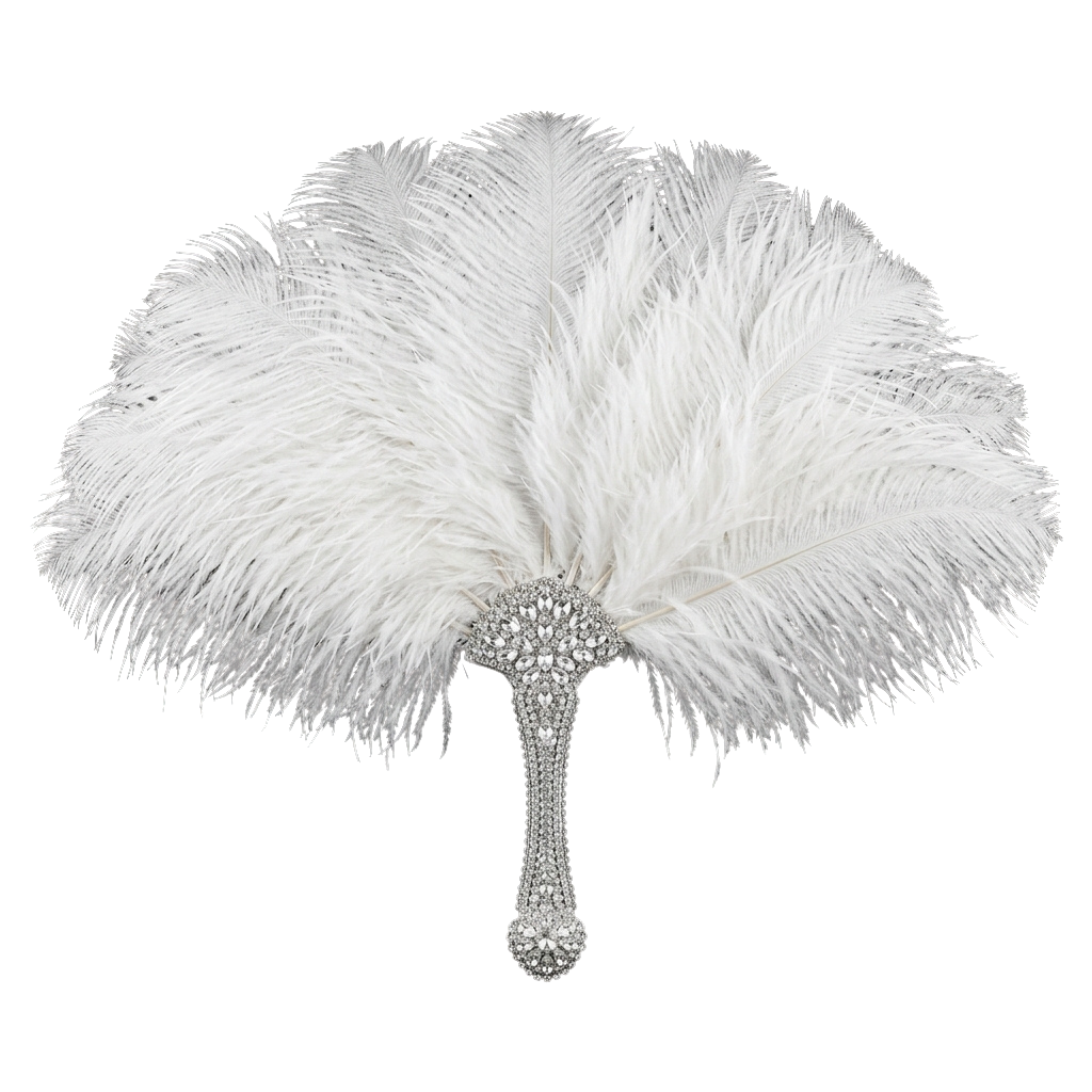 A white feather hand fan with a decorative crystal-embellished handle