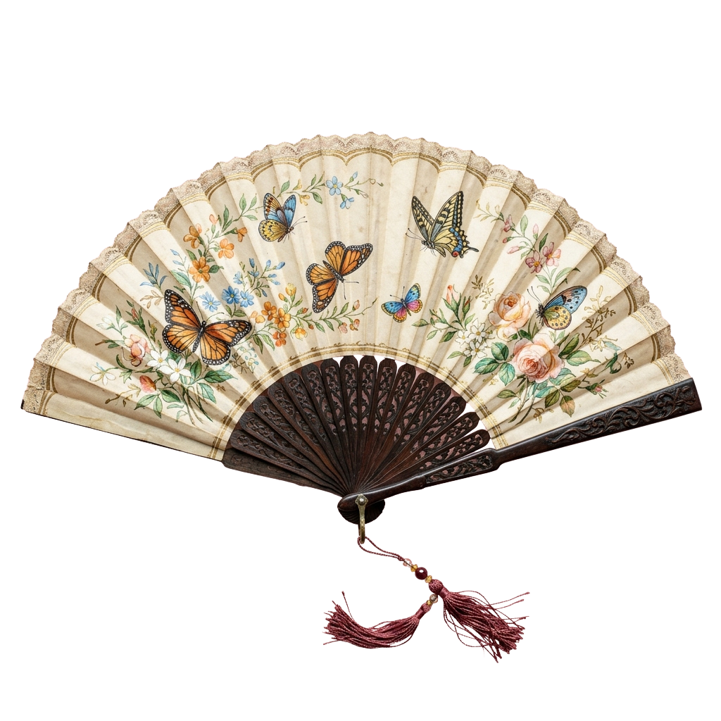 Decorative fan with floral patterns and butterflies on cream background, dark handle, and tassel.